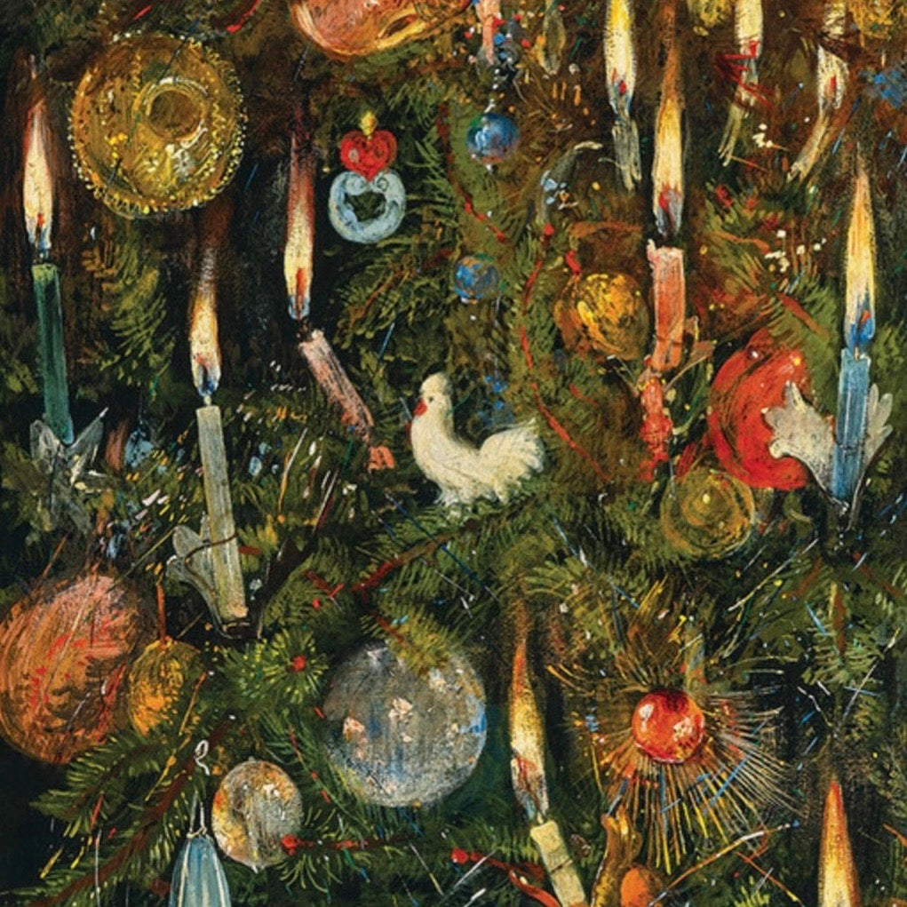 A painting of an ornately decorated Christmas tree, by Rudolf Bernhard Willmann. It is called Christmas Tree Decorated with Lights, and features historical decorations such as burning candles and glass baubles.