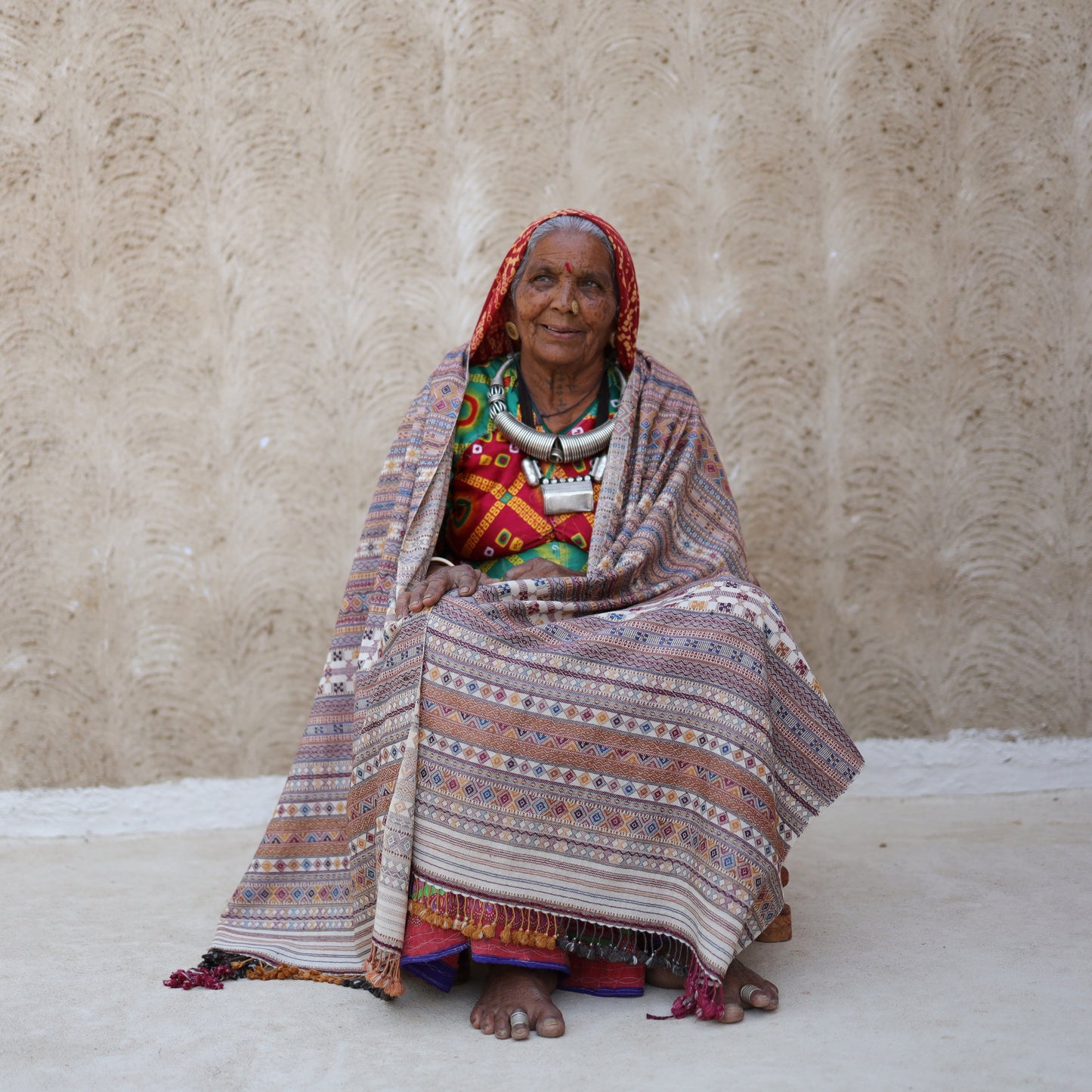 India, Vankar Vishram Valji Weaving, Traditional Multi-Colour Blanket Shawl